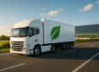 Camión de transporte ecológico con tecnología de bajas emisiones circulando por carretera. Logística sostenible