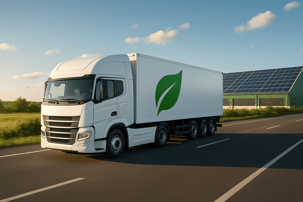 Camión de transporte ecológico con tecnología de bajas emisiones circulando por carretera. Logística sostenible